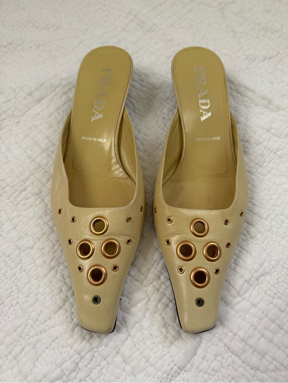 Prada Leather Yellow Low-Heel Mules with Gold Eyelet Accents, Size 37.5/US 7.5 - Picture 4 of 12